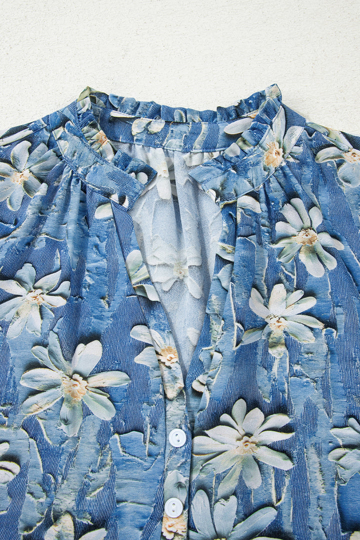Sky Blue Fall Floral Half Placket Collared V Neck Blouse