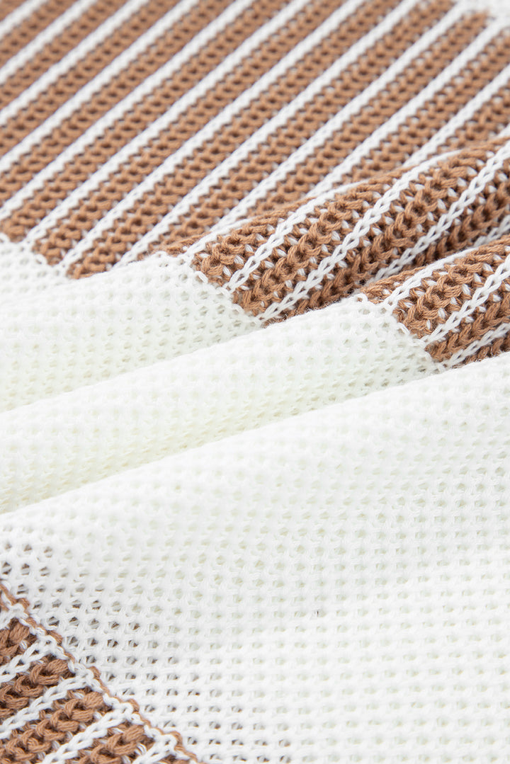 Khaki Two Tone Striped Patchwork Drop Shoulder Loose Sweater