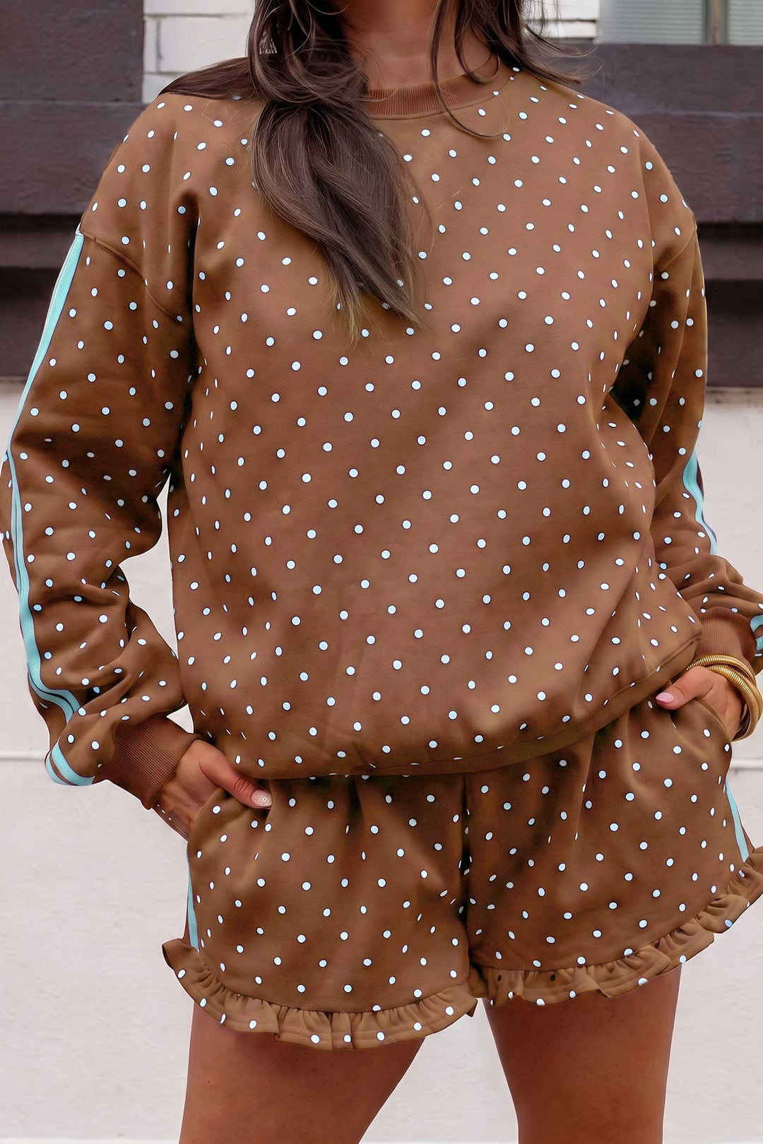 Brown Polka Dot Print Side Stripe Detail Casual Sweatshirt 2pcs Short Set