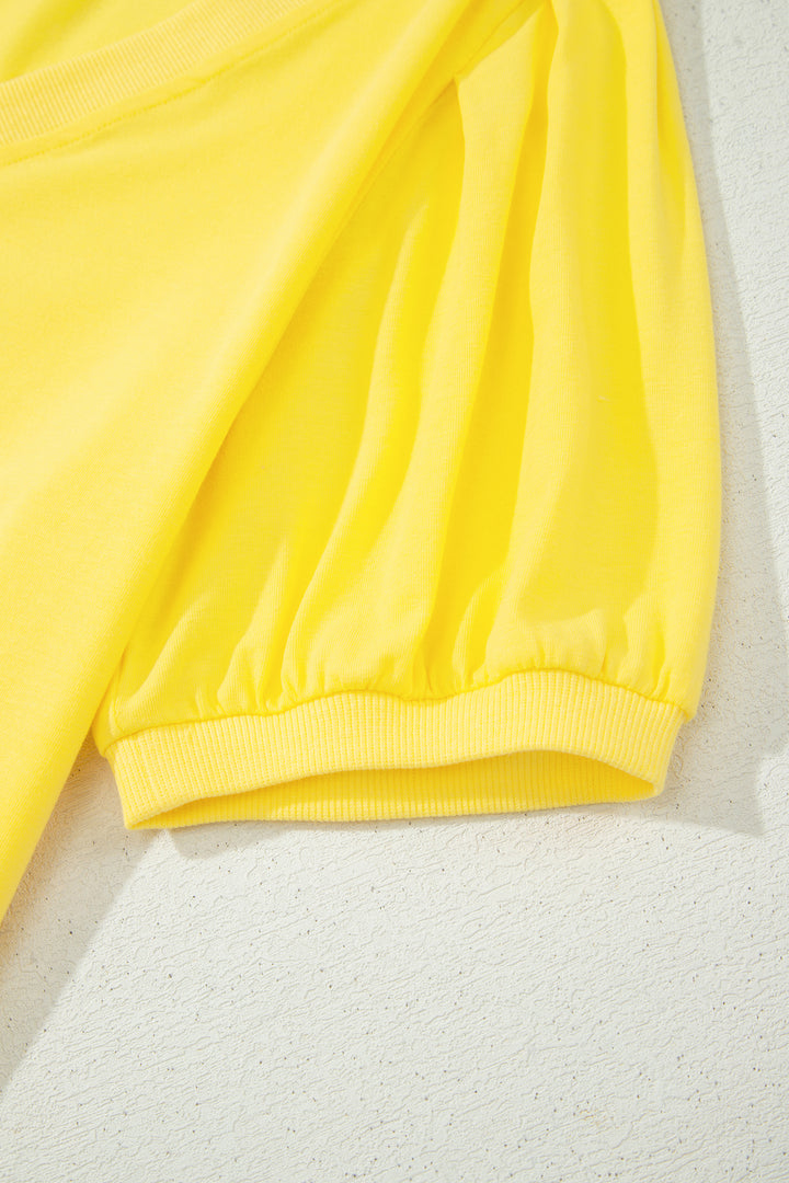 Yellow Solid Color V Neck Short Puff Sleeve Blouse