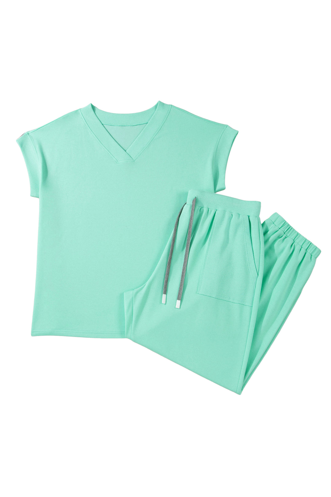 Bonbon Solid V-Neck Tee and Drawstring Plus Size Pants Set