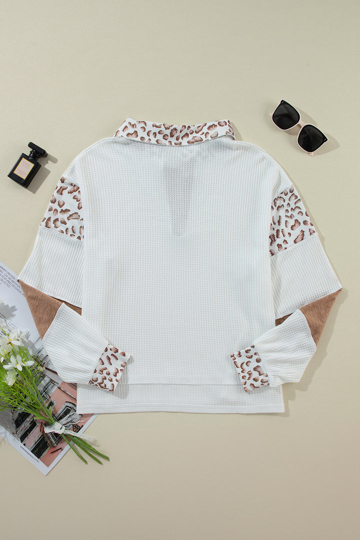 White game day Rugby Bow Embroidered Graphic Leopard Collar Color Block Patchwork Top