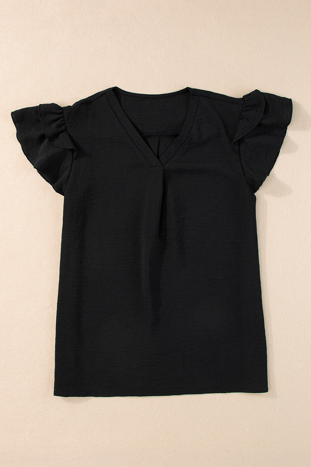 Black V Neck Ruffle Short Sleeve Blouse