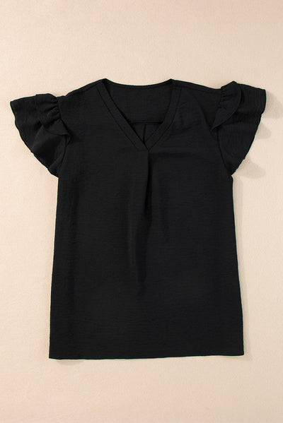 Black V Neck Ruffle Short Sleeve Blouse