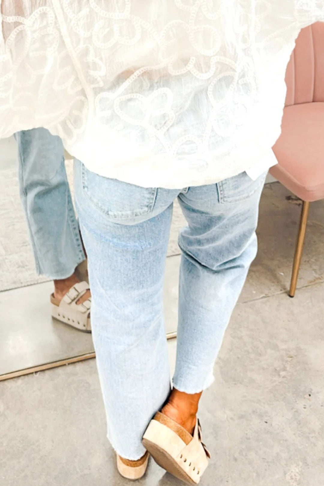 Beau Blue Sequin Rugby Pattern Raw Hem Casual Jeans