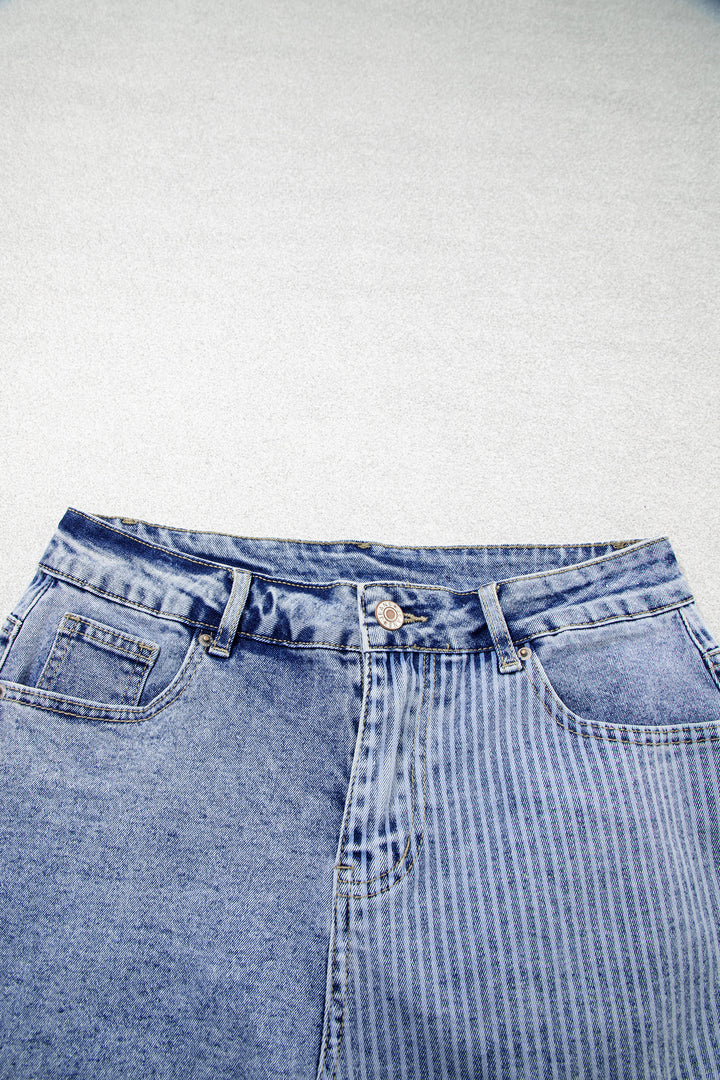 Sky Blue Striped Paisley Mixed Patchwork Raw Hem Denim Shorts