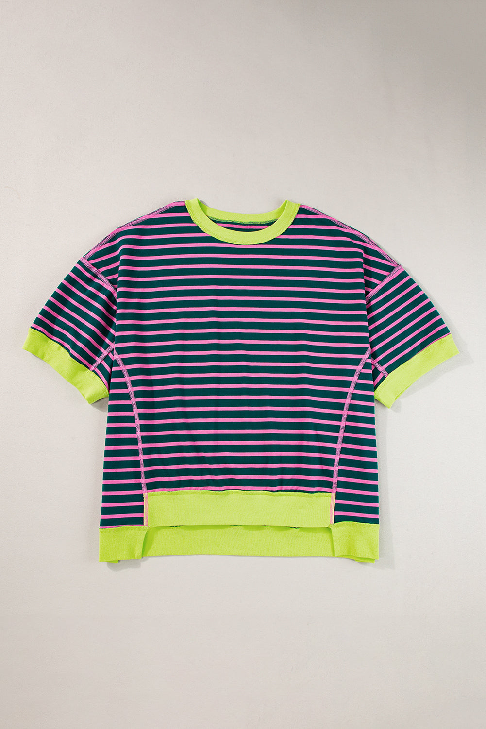 Green Stripe Oversized Contrast Trim Exposed Seam High Low T Shirt