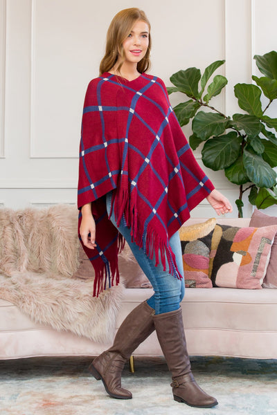 Hdf3010bu - Burgundy Grid Lines Fringed Poncho