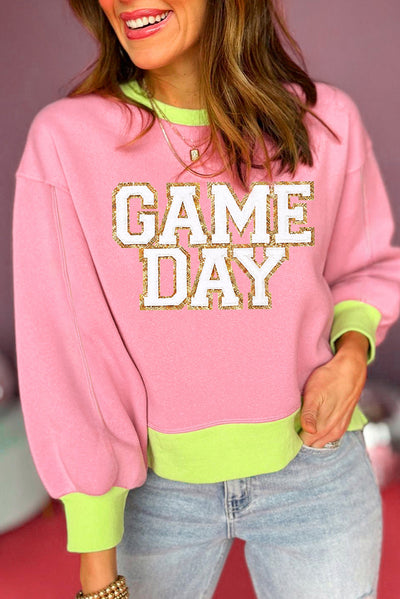 Pink GAME DAY Glitter Color Block Crew Neck Sweatshirt