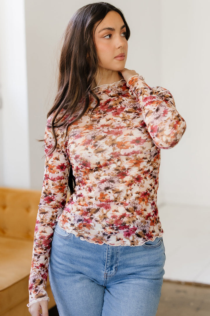 Virginia Floral Print Mesh Long Sleeve Top