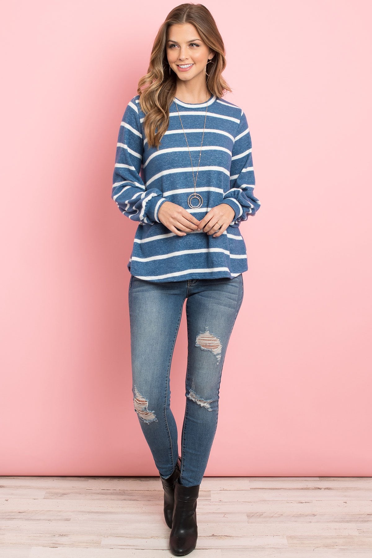 Striped Long Sleeved Round Neck Swing Top