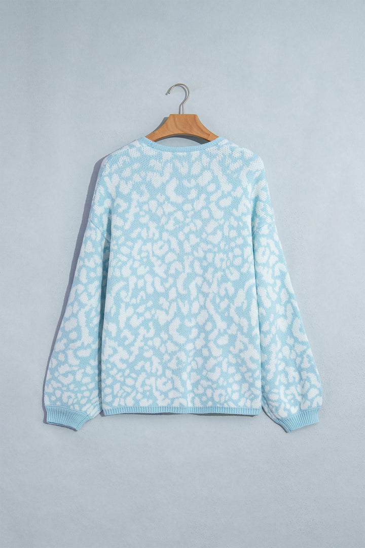 Light Blue Leopard Print V Neck Long Sleeve Loose Fit Knit Cardigan