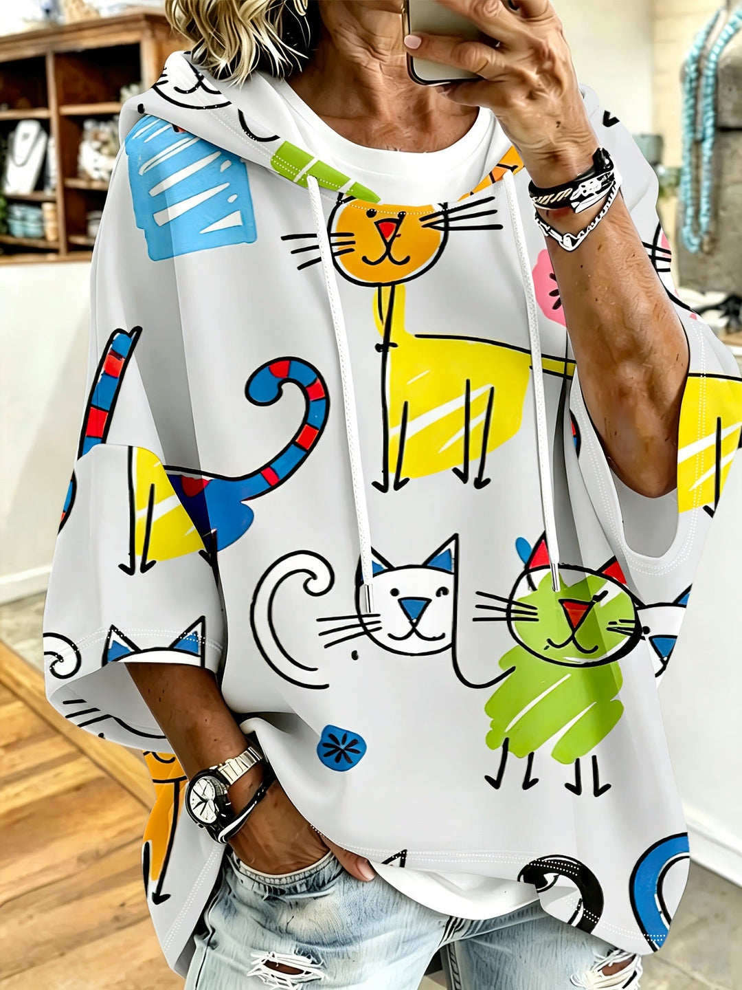 Cartoon Cat Print Hoodie with 3/4 Sleeves &amp; Drawstring