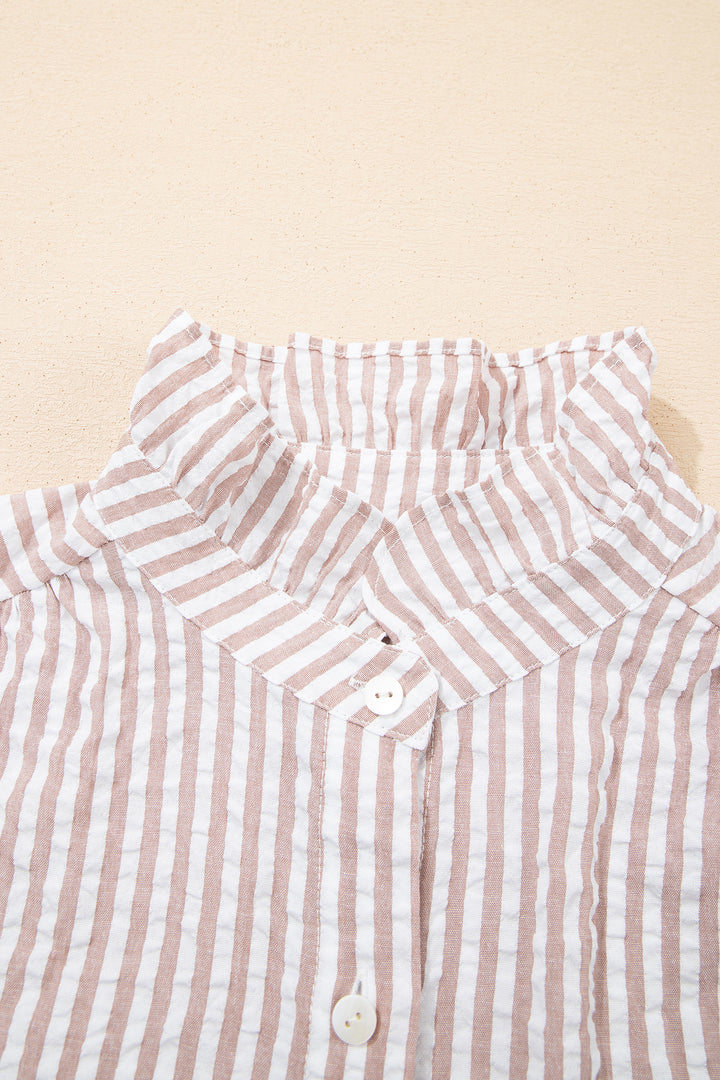 Khaki Stripe Frilled Collar Half Sleeve Shirt Maxi Dress