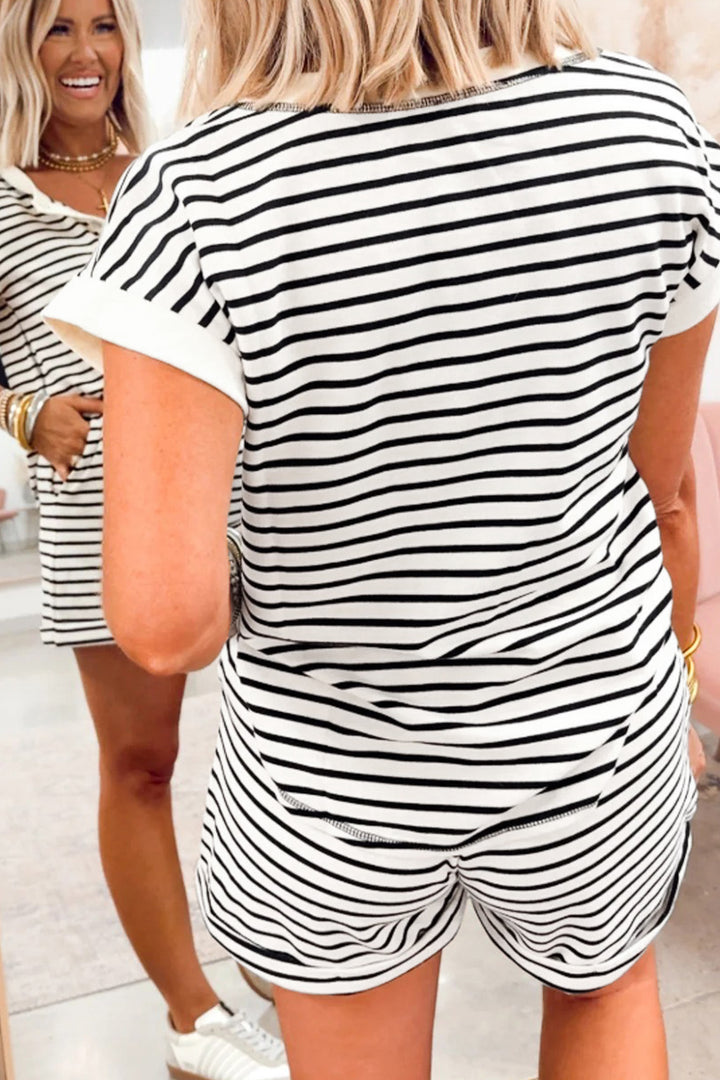 Black Stripe Half Buttons Top and Shorts Set