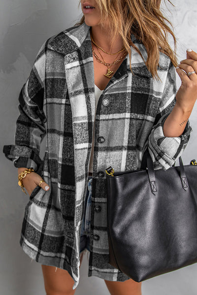 Gray Plaid Print Buttoned Shirt Jacket