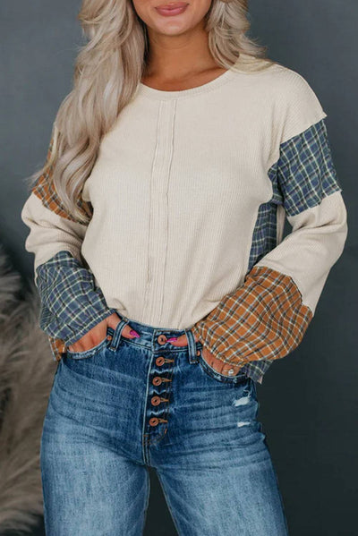 Smoke Gray Plaid Patchwork Raw Seam Long Sleeve Top