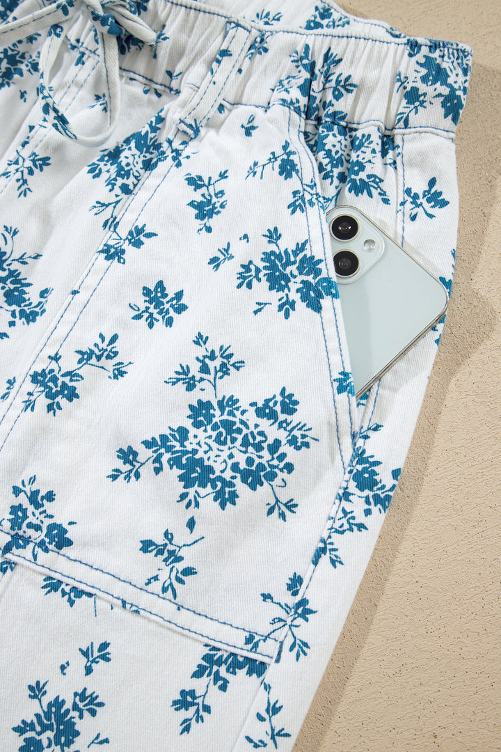 Sky Blue Floral Print Tie Waist Straight Leg Jeans