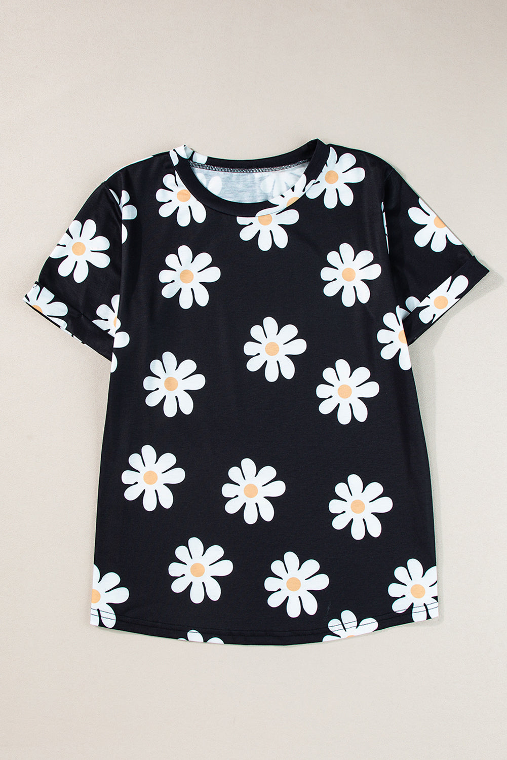 Black Daisy Printed Crewneck T Shirt