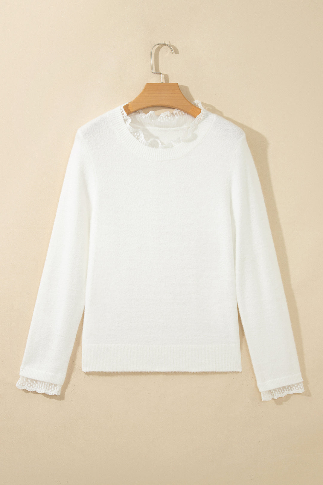 White Lace Trim Neck Cuff Patchwork Long Sleeve Pullover Sweater