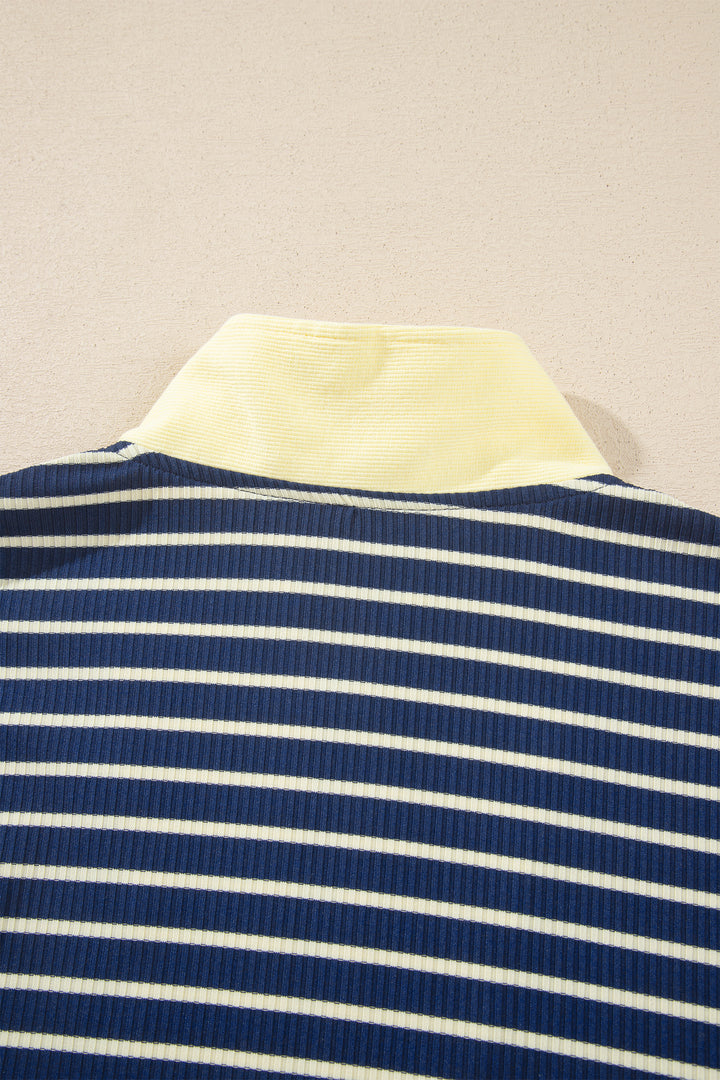 Blue Stripe Color Block Patchwork Zip V Neck Pullover Loose Pants 2pcs Set