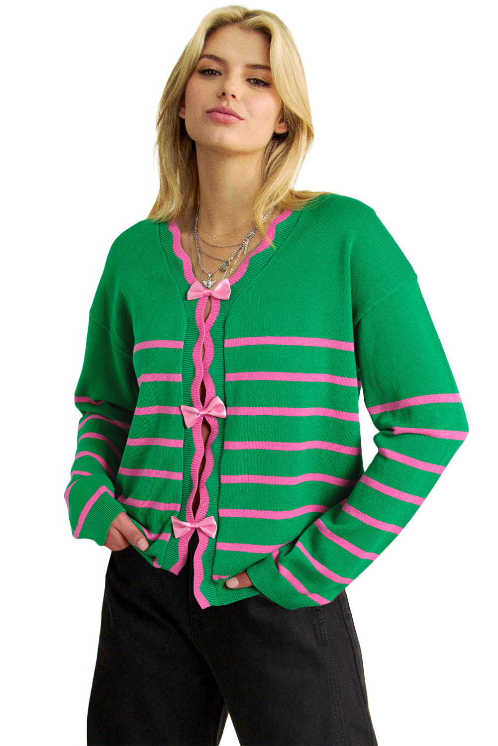 Green Stripe Ribbon Cute Bow Detail Sweater Knit Cardigan