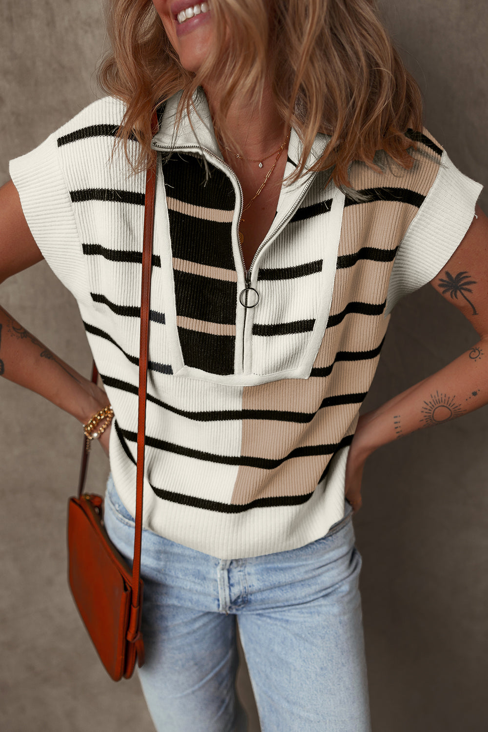 Black Stripe Colorblock Quarter Zip Collar Sweater Vest