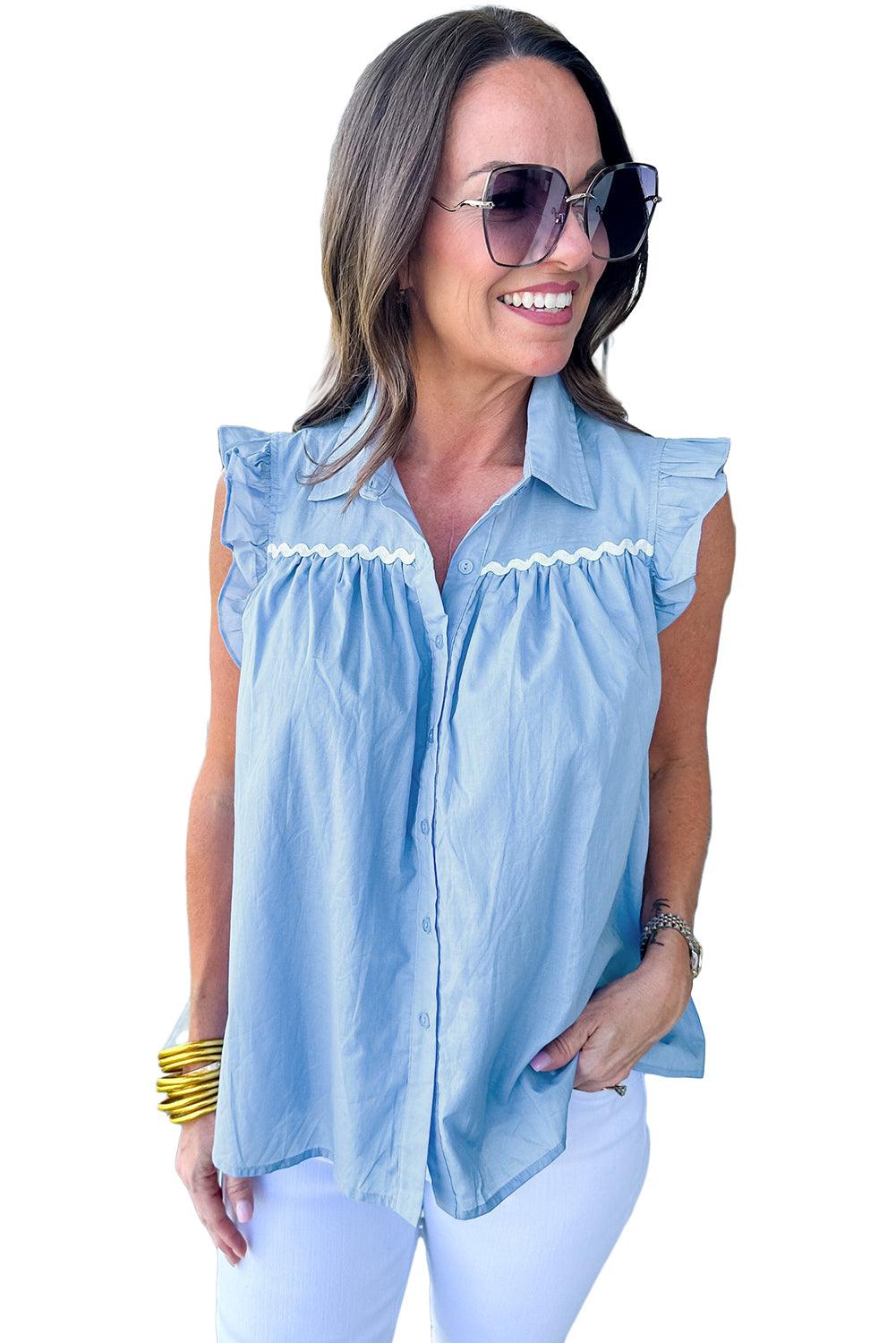 Sky Blue Ric Rac Trim Frilly Sleeveless Shirt