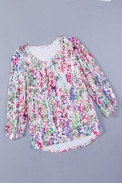 Green Floral Print Puffy Sleeve Loose Blouse