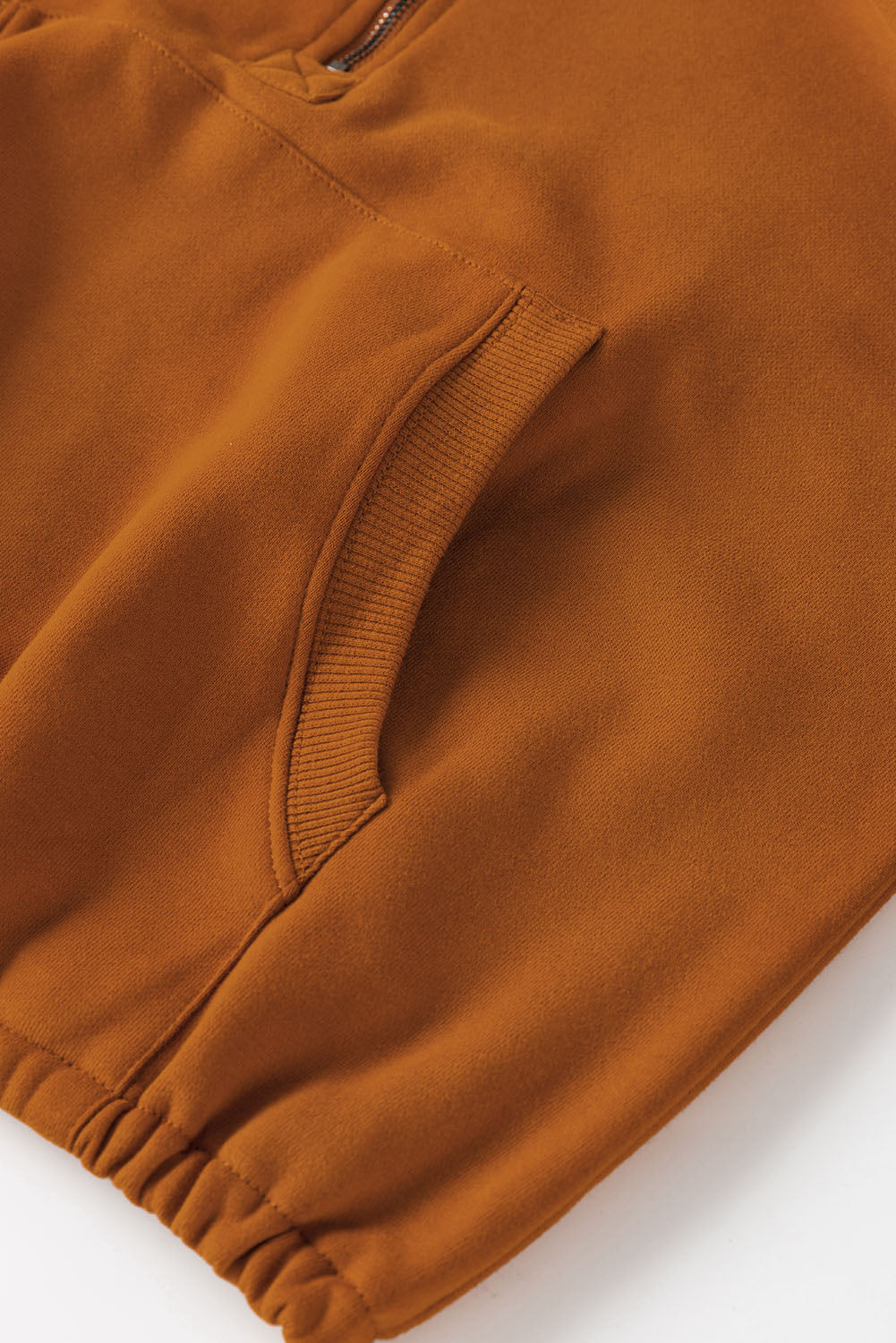 Brown Ribbed Trim Kangaroo Pocket Zipped Hoodie