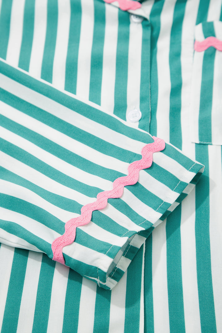 Green Stripe Contrast Ricrac Trim Long Sleeve Shirt Drawstring Ruffled Pajama Short Set