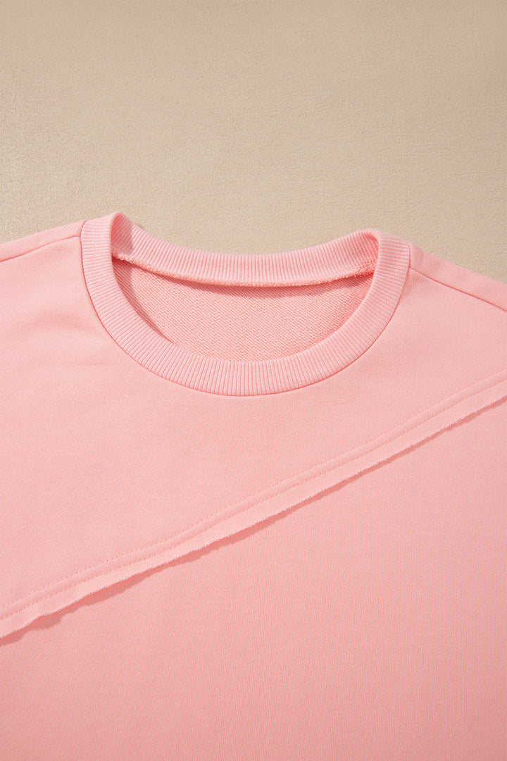 Pink Colorblock Striped Patchwork Long Sleeve Round Neck Blouse