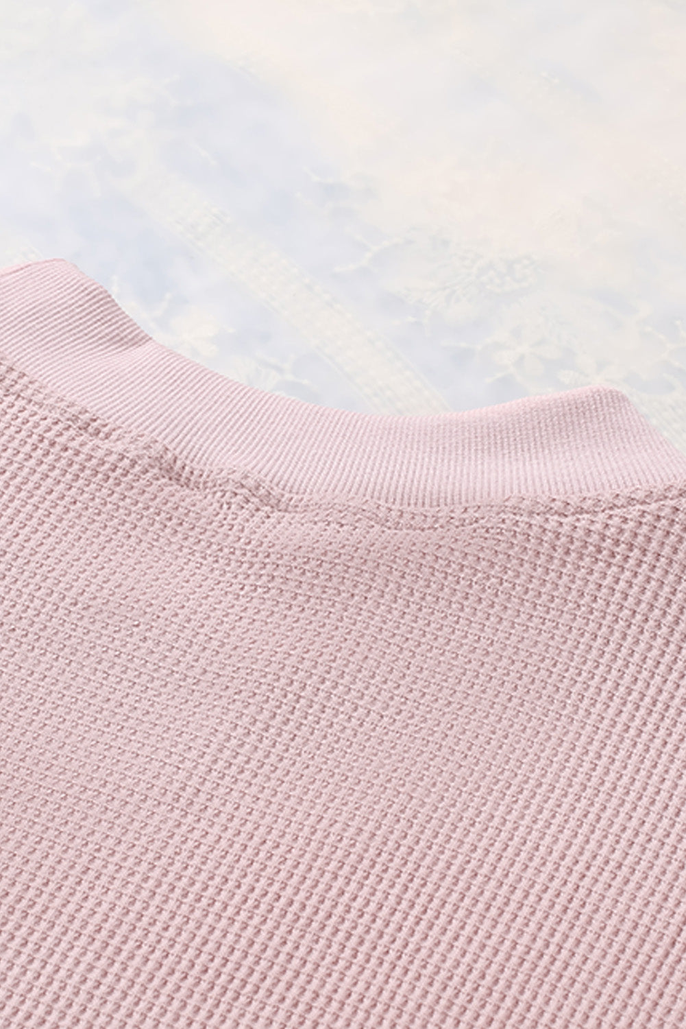 Pink Crew Neck Ribbed Trim Waffle Knit Top