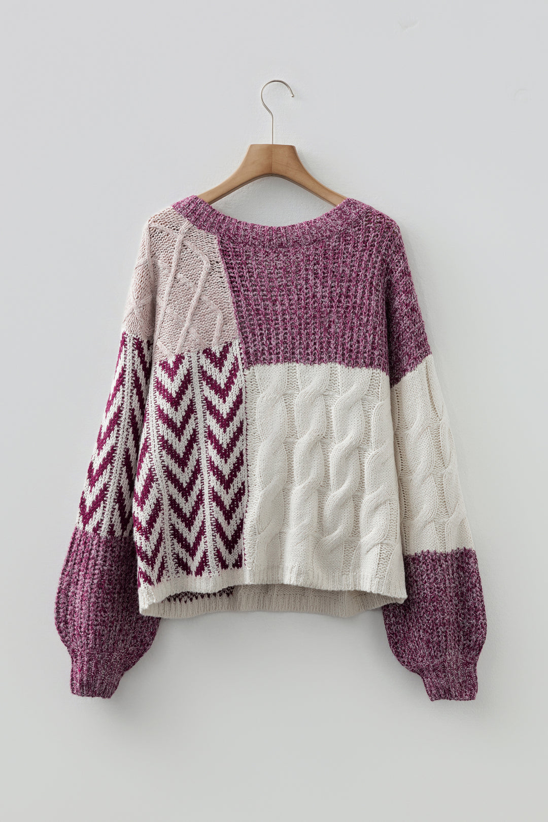 Purple Color Block Patchwork Knotted Back Loose Fit Sweater