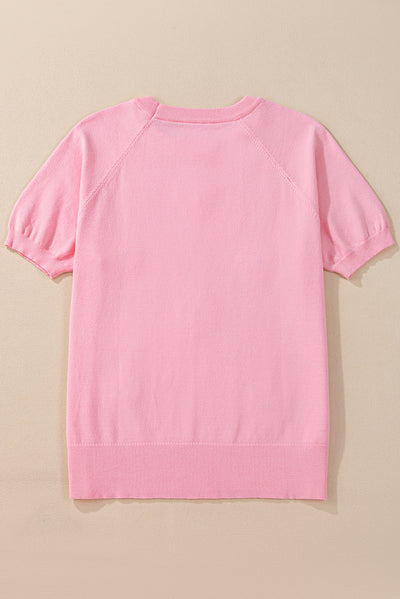 Pink Flower Pattern Short Sleeve Knitted Top