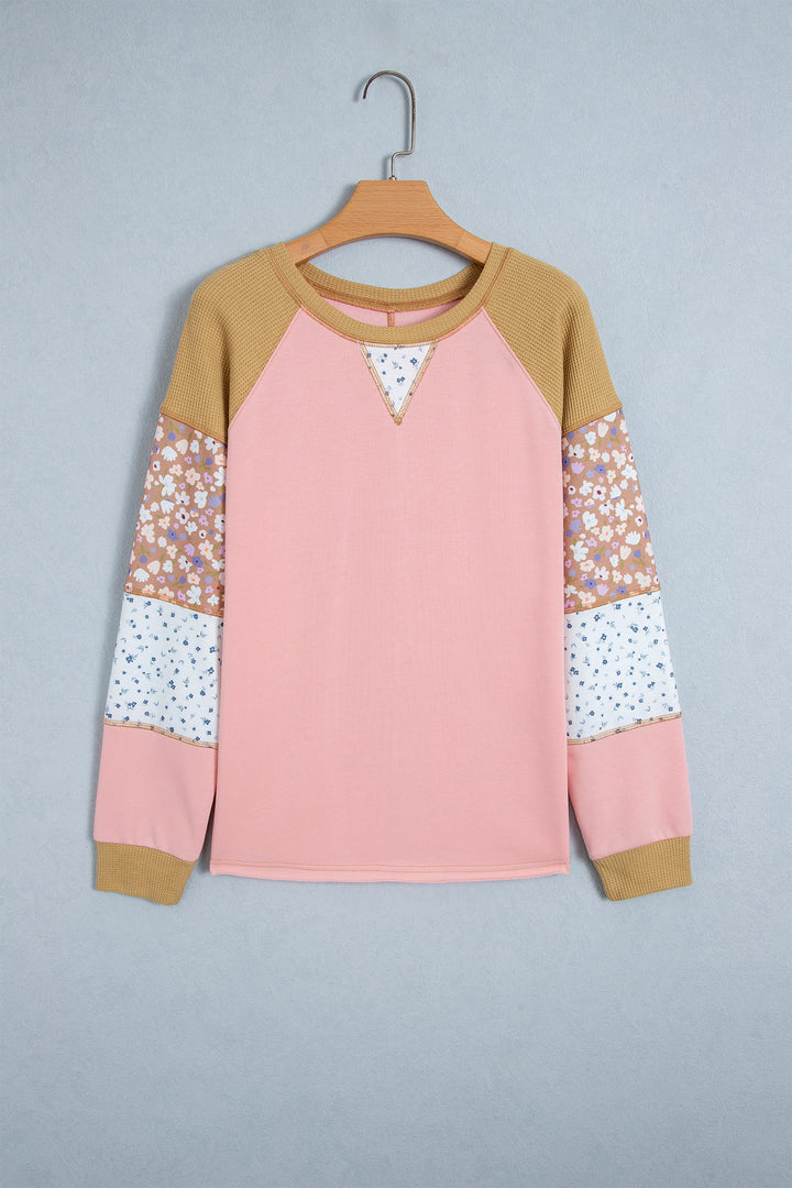 Apricot Pink Color Block Floral Waffle Mixed Patchwork Long Sleeve Top