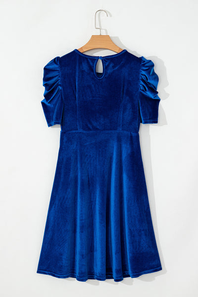 Sail Blue Velvet Ruched Short Sleeve Pocketed Elegant Dress