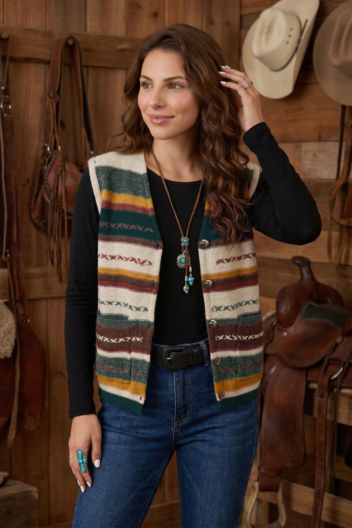 Multicolour Striped Button Front Sleeveless Knit Regular Fit Sweater Vest