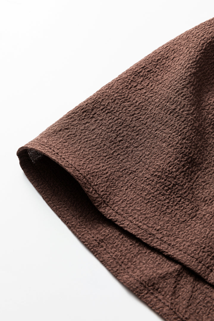 Coffee Plus Size Frilled Trim V Neck Puff Sleeve Textured Mini Dress