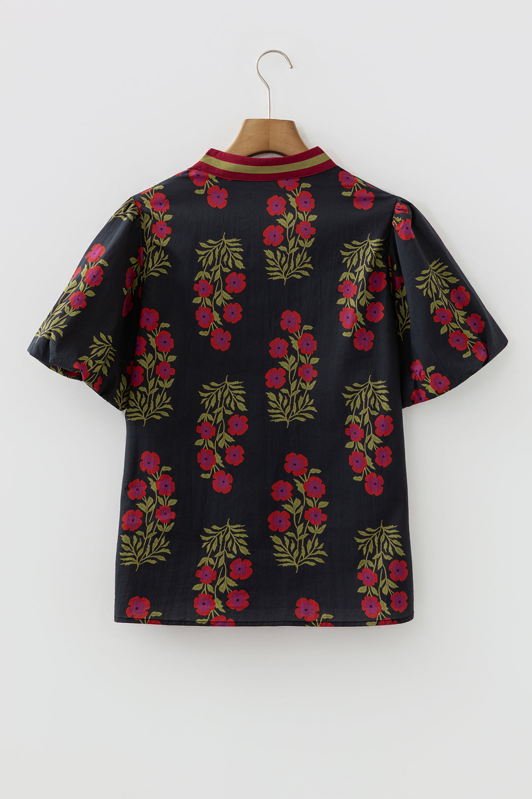 Black Floral Short Bubble Sleeve Contrast Slit Neckline Blouse