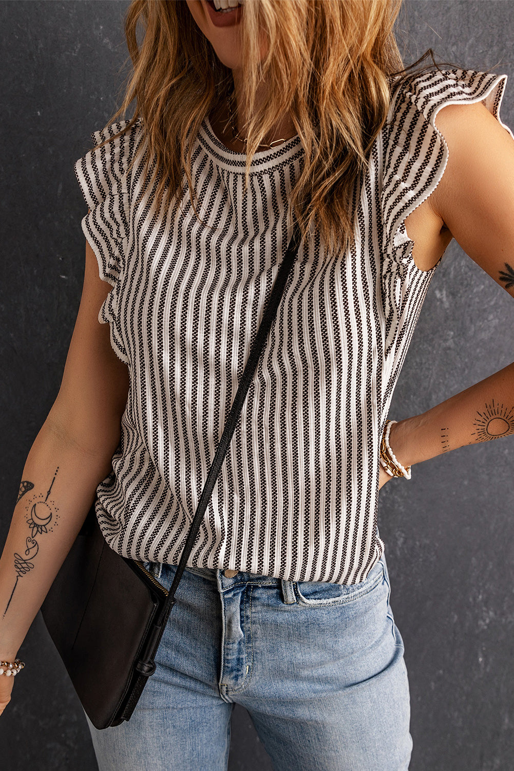 Gray Crew Neck Ruffled Striped Tank Top