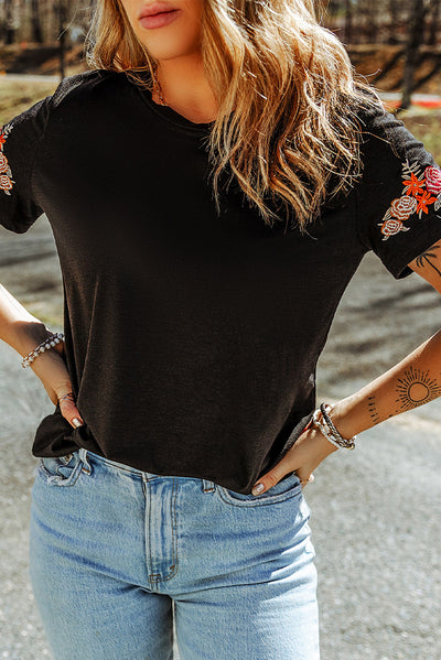 Black Floral Embroidered Round Neck Short Sleeve T Shirt