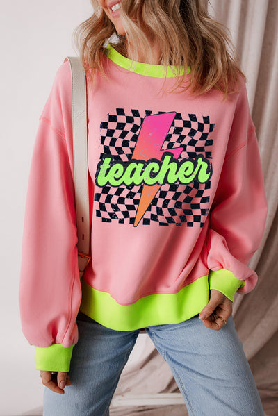 Pink Teacher Lightning Checkered Print Color Block Sweatshirt