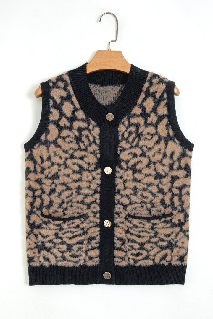 Pink Leopard Print Knit Sleeveless Regular Wash Sweater Vest