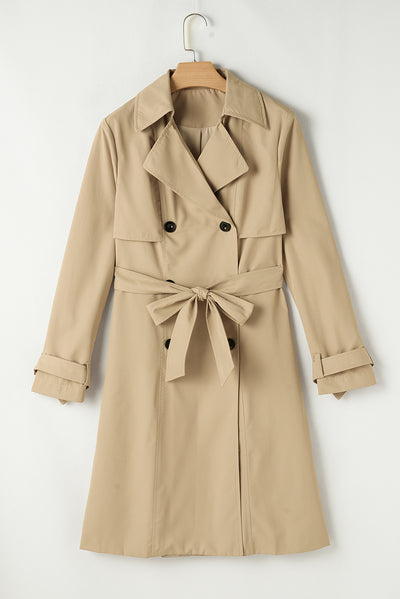 Pale Khaki Solid Color Lapel Collar Waist Tie Wind Coat