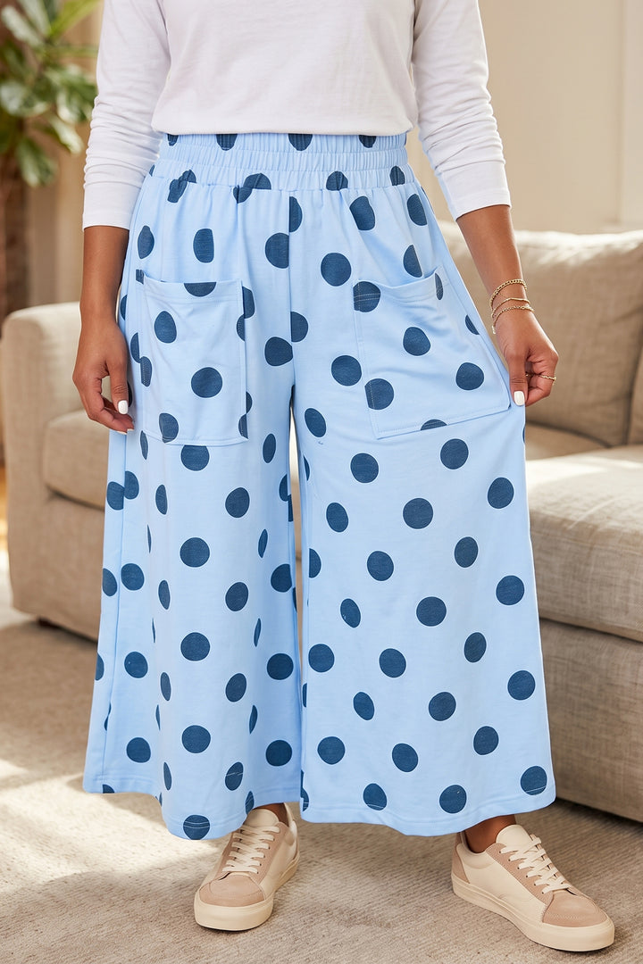 Khaki Polka Dot Elastic Waist Wide Leg Plus Size Pants