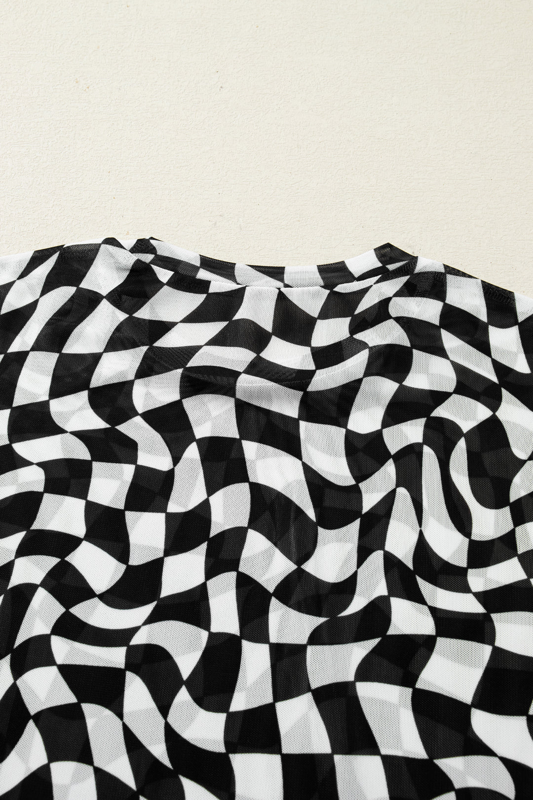 Black Checkered Print Mock Neck Mesh T Shirt