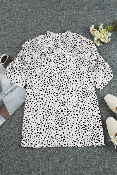 Leopard Smocking Detail Bubble Sleeve Blouse