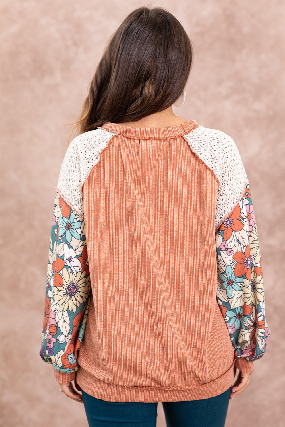 Grapefruit Orange Floral Patchwork Puff Sleeve Textured Blouse