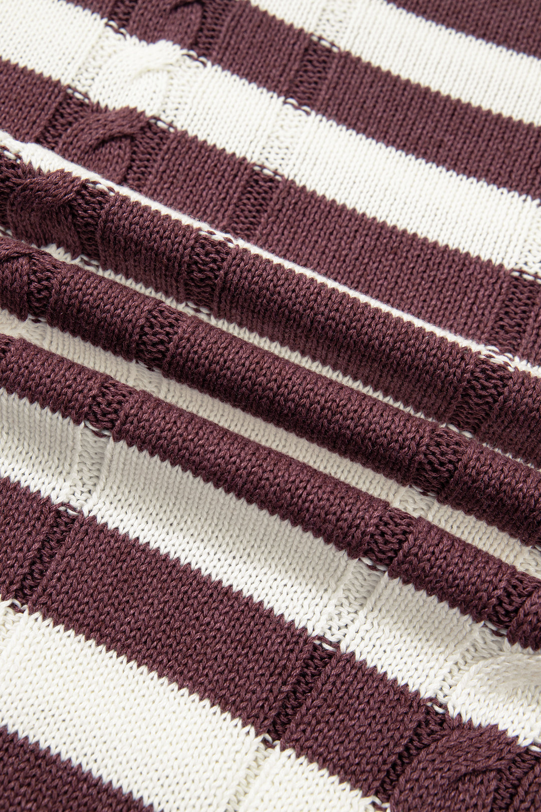 Brown Stripe Ribbed Knit Cable Detail Short Sleeve Sweater